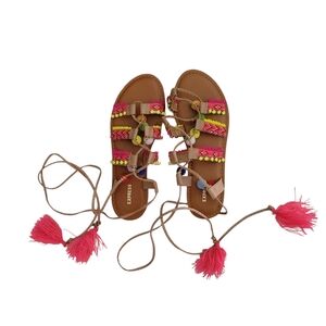Express Pom Pom Lace up flat sandals Size 8